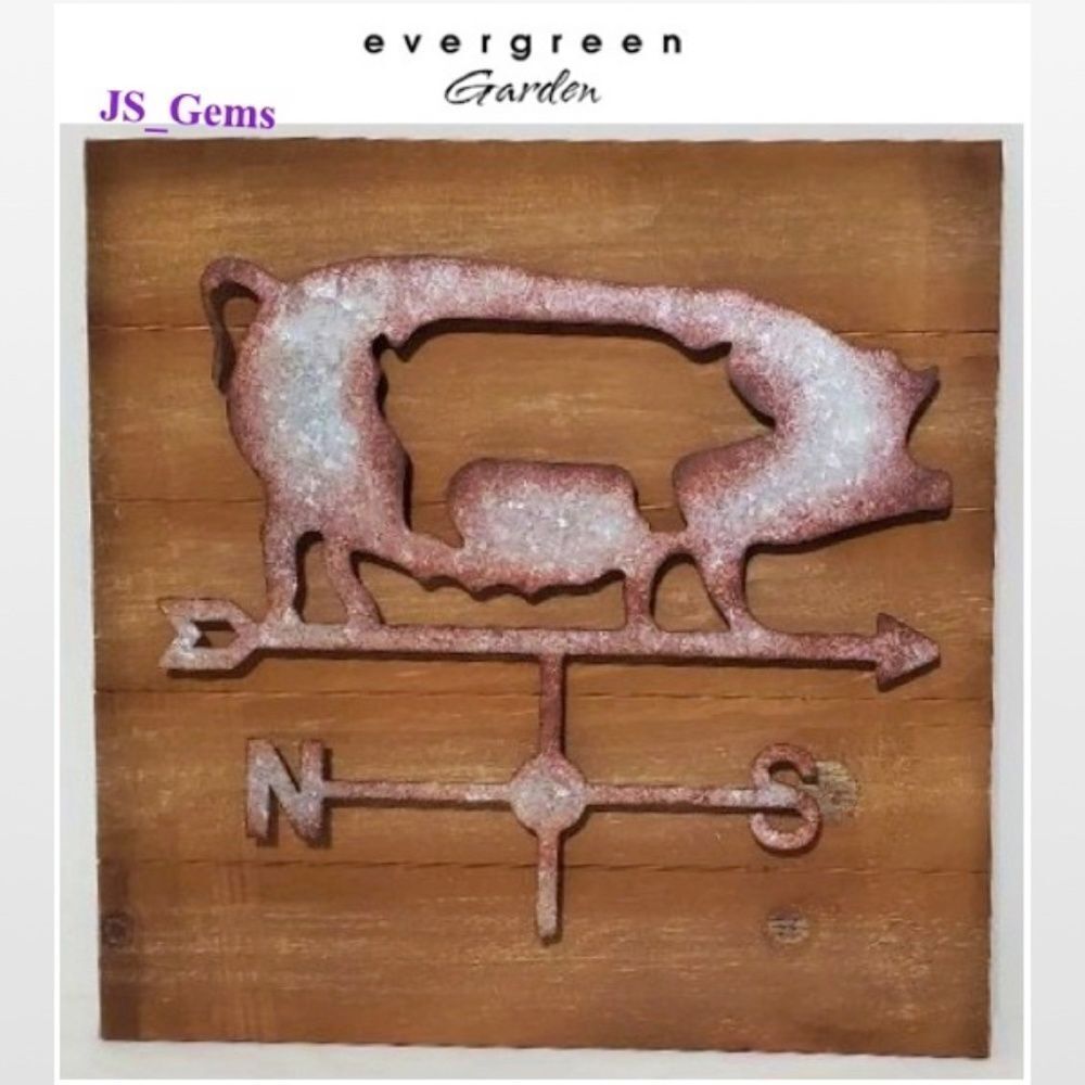 New Distressed Silver Metal Weathervane Pig On Wood Square Home Décor